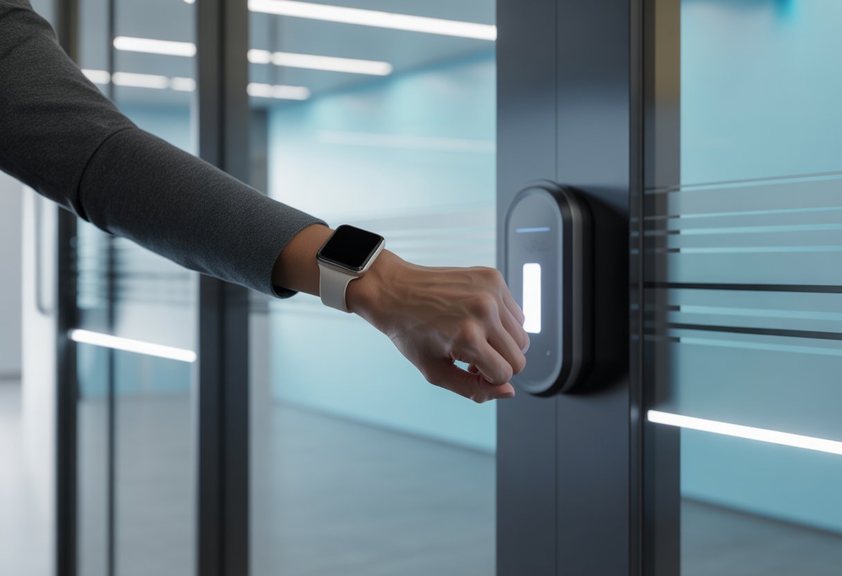 A person holding a smartwatch near a smart door lock to unlock an office entrance.