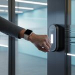 How to use a smartwatch for contactless access control: Open Doors Like a Secret Agent A person holding a smartwatch near a smart door lock to unlock an office entrance.