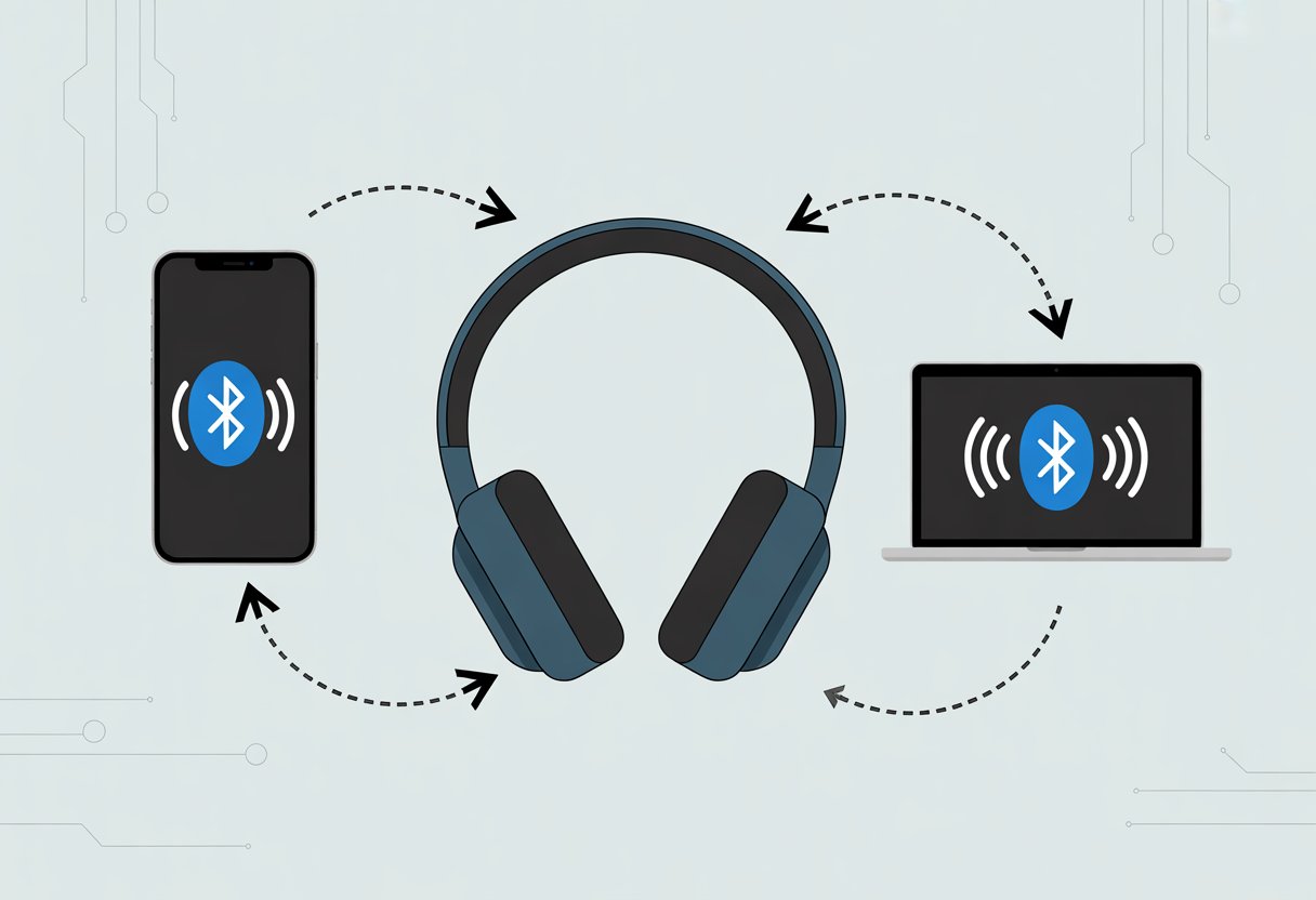 A pair of Bluetooth headphones between a smartphone and a laptop with arrows showing connection switching.