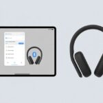 A tablet showing Bluetooth settings with a list of devices and a pair of wireless headphones nearby indicating they are connected.