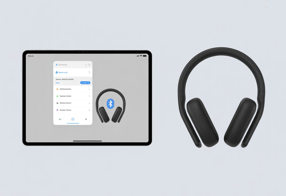 A tablet showing Bluetooth settings with a list of devices and a pair of wireless headphones nearby indicating they are connected.