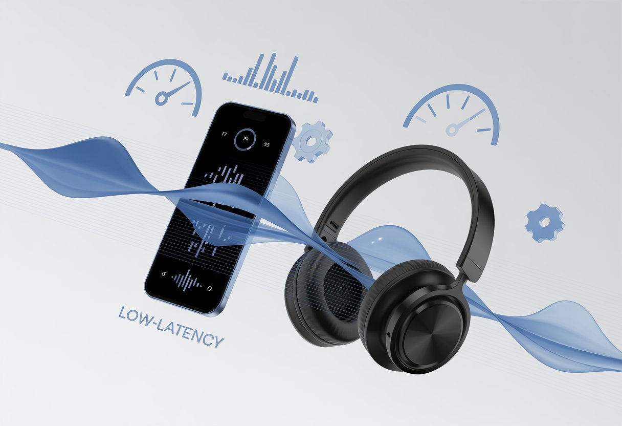 A wireless Bluetooth headphone connected to a smartphone with visual signals showing fast, smooth audio transmission and icons representing optimization and low latency.