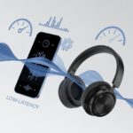 How to reduce Bluetooth headphone latency and stop lip-sync fails A wireless Bluetooth headphone connected to a smartphone with visual signals showing fast, smooth audio transmission and icons representing optimization and low latency.