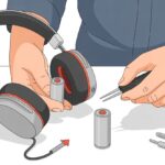 How to replace Bluetooth headphone batteries and avoid becoming a tangled mess Hands replacing the battery inside the ear cup of Bluetooth headphones with tools nearby.