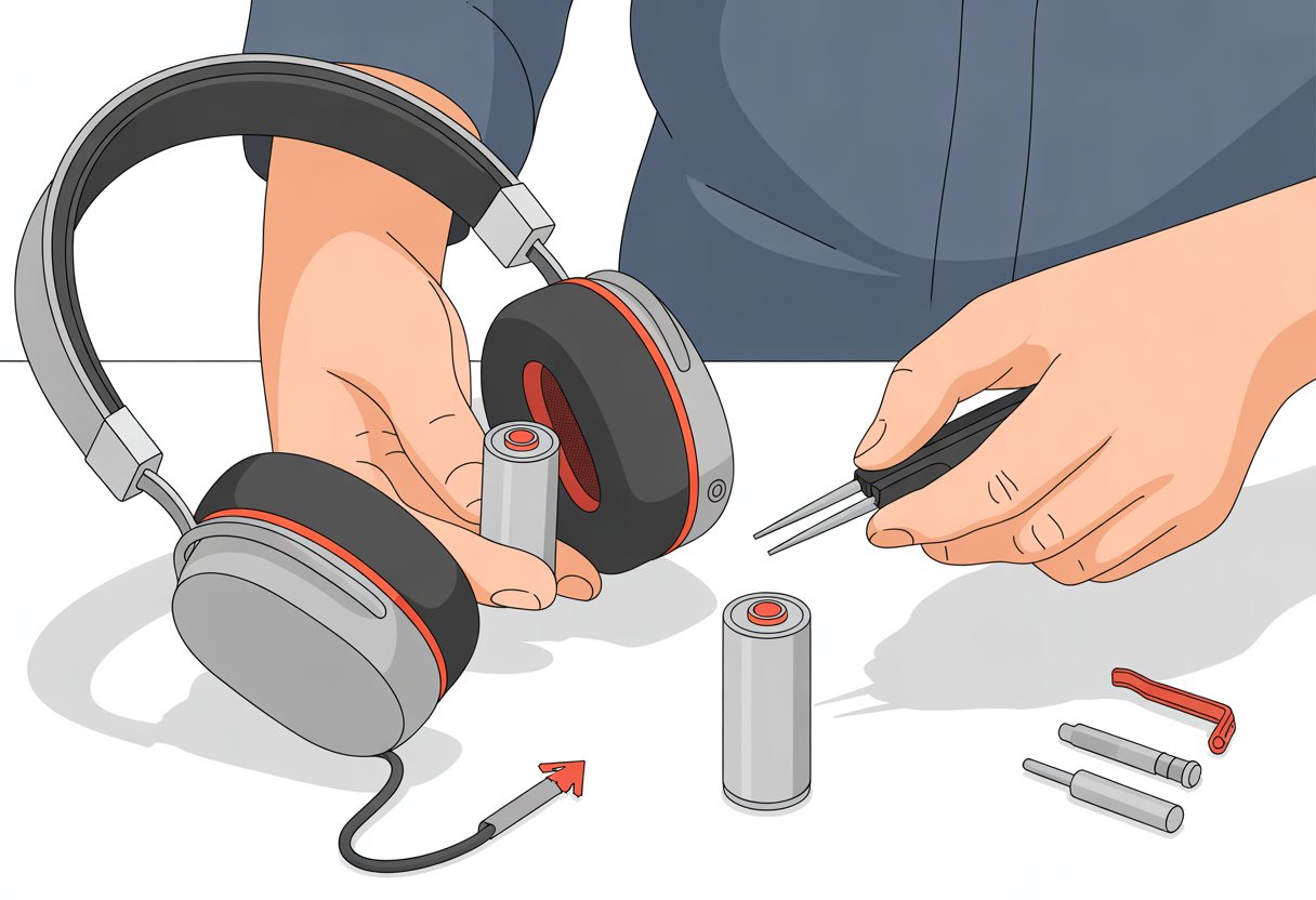 Hands replacing the battery inside the ear cup of Bluetooth headphones with tools nearby.