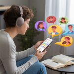 A person wearing Bluetooth headphones using a tablet for language learning, surrounded by speech bubbles and notes in a cozy room.