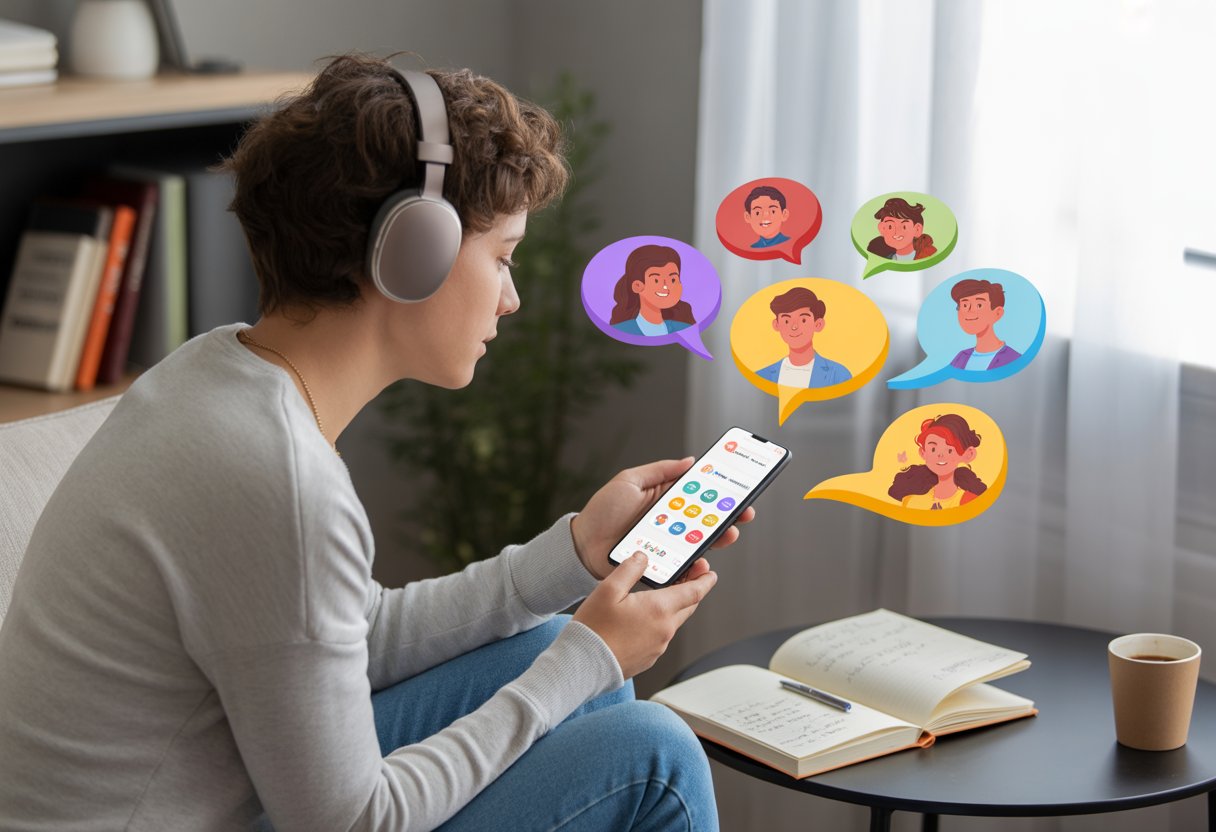 A person wearing Bluetooth headphones using a tablet for language learning, surrounded by speech bubbles and notes in a cozy room.