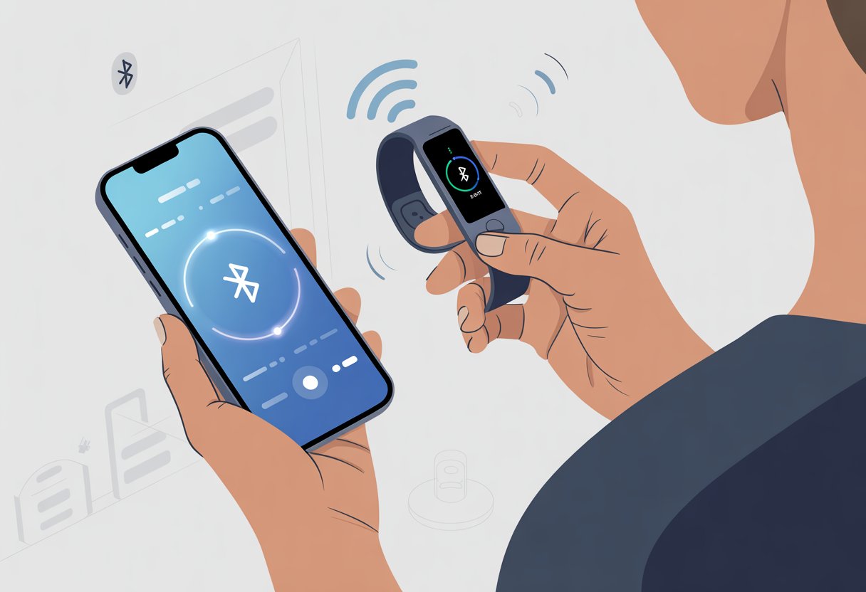 A person holding a fitness tracker and a smartphone close together, showing the devices syncing wirelessly.