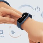 How to reset a fitness tracker to factory settings: Because Even Gadgets Need a Fresh Start A close-up of a person pressing a button on a fitness tracker on their wrist to reset it, with icons representing settings and reset steps around the device.