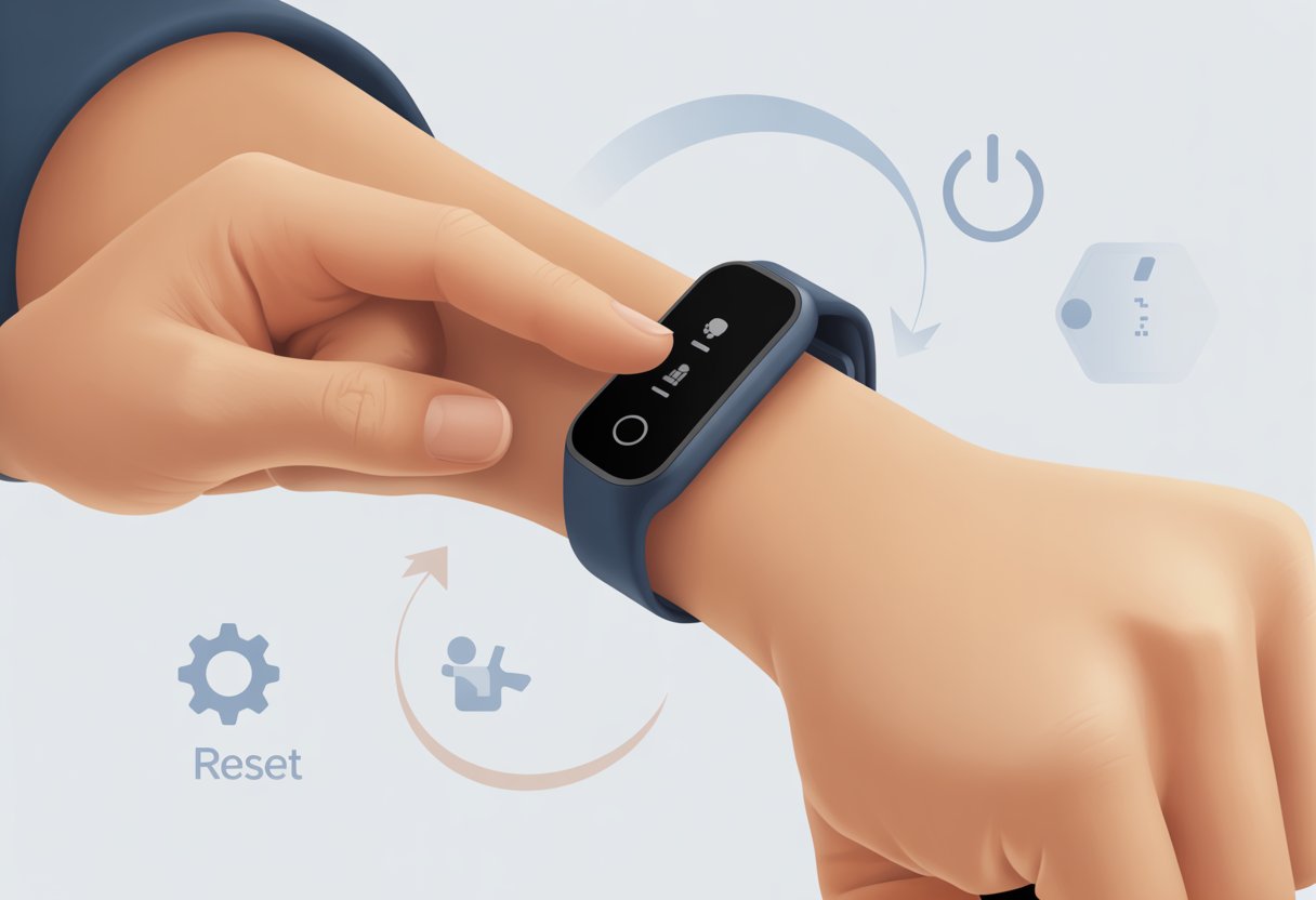 A close-up of a person pressing a button on a fitness tracker on their wrist to reset it, with icons representing settings and reset steps around the device.