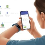How to set up a new fitness tracker Without Throwing It Out the Window A person wearing a fitness tracker on their wrist and using a smartphone to set it up, with icons representing Bluetooth connection and battery charging nearby.