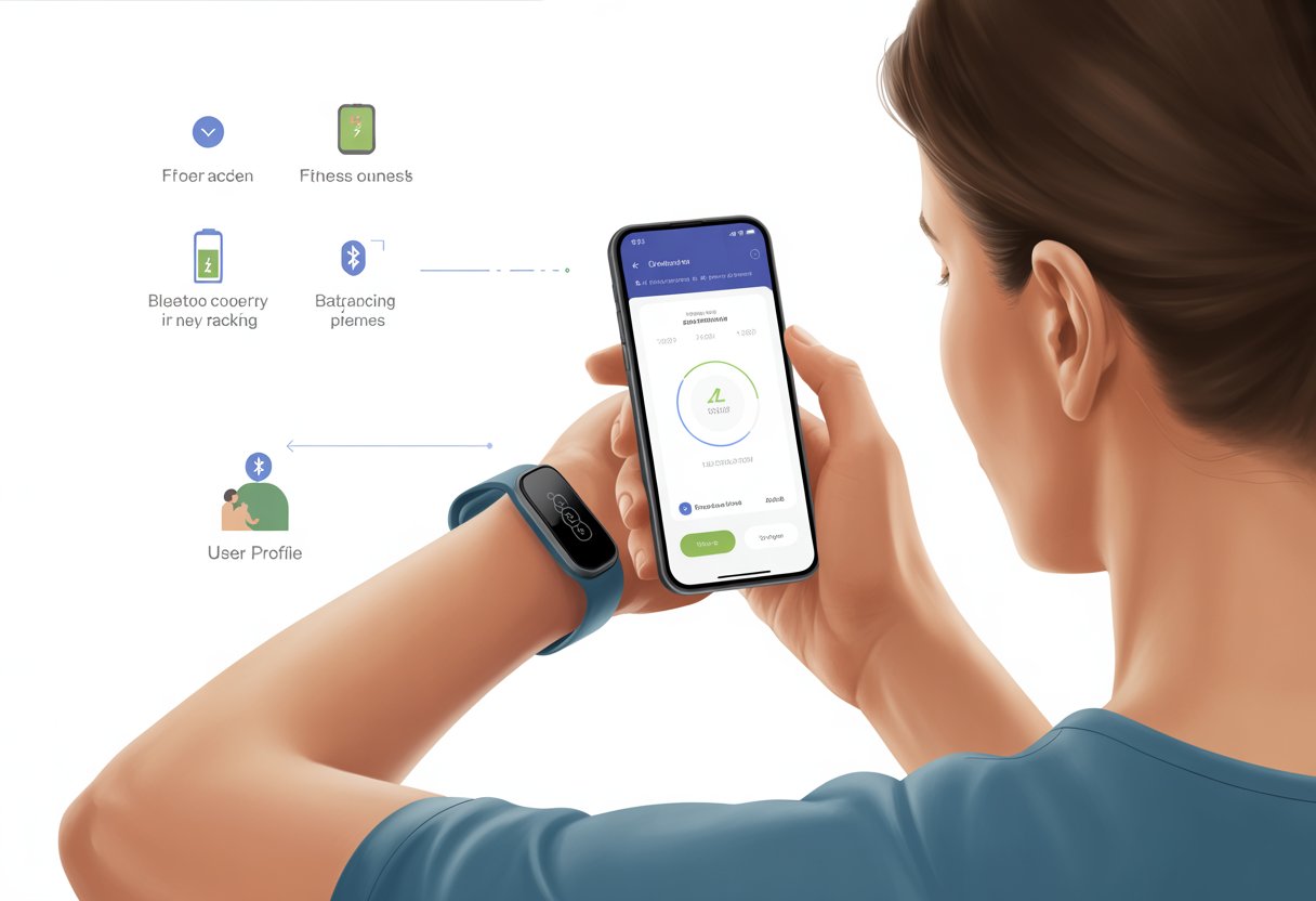 A person wearing a fitness tracker on their wrist and using a smartphone to set it up, with icons representing Bluetooth connection and battery charging nearby.