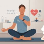 How to use a fitness tracker for stress management: Outsmart Your Anxiety with Every Step A person sitting calmly on a yoga mat wearing a fitness tracker, surrounded by symbols representing heart rate and breathing exercises in a peaceful indoor setting.