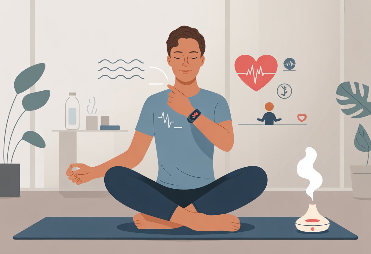 A person sitting calmly on a yoga mat wearing a fitness tracker, surrounded by symbols representing heart rate and breathing exercises in a peaceful indoor setting.