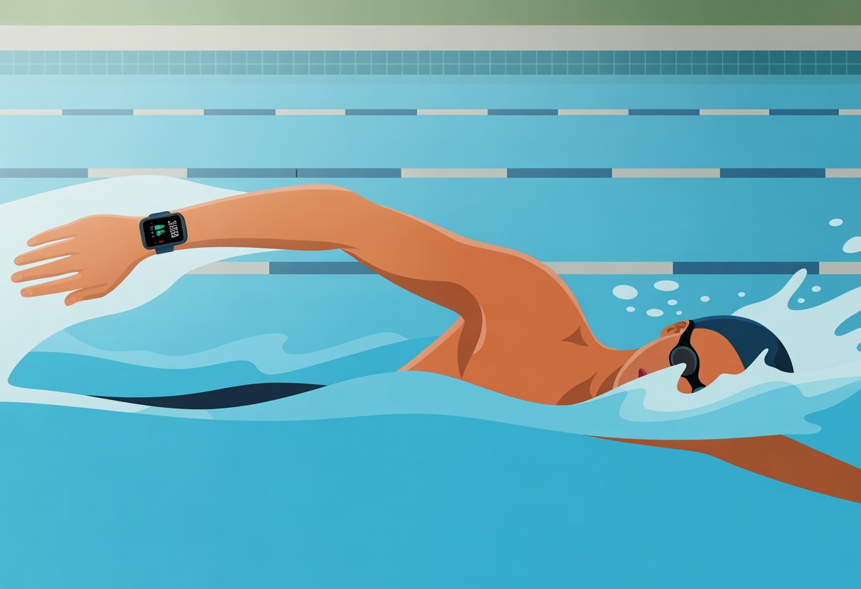 A person swimming in a pool wearing a fitness tracker on their wrist, with water splashing around them.