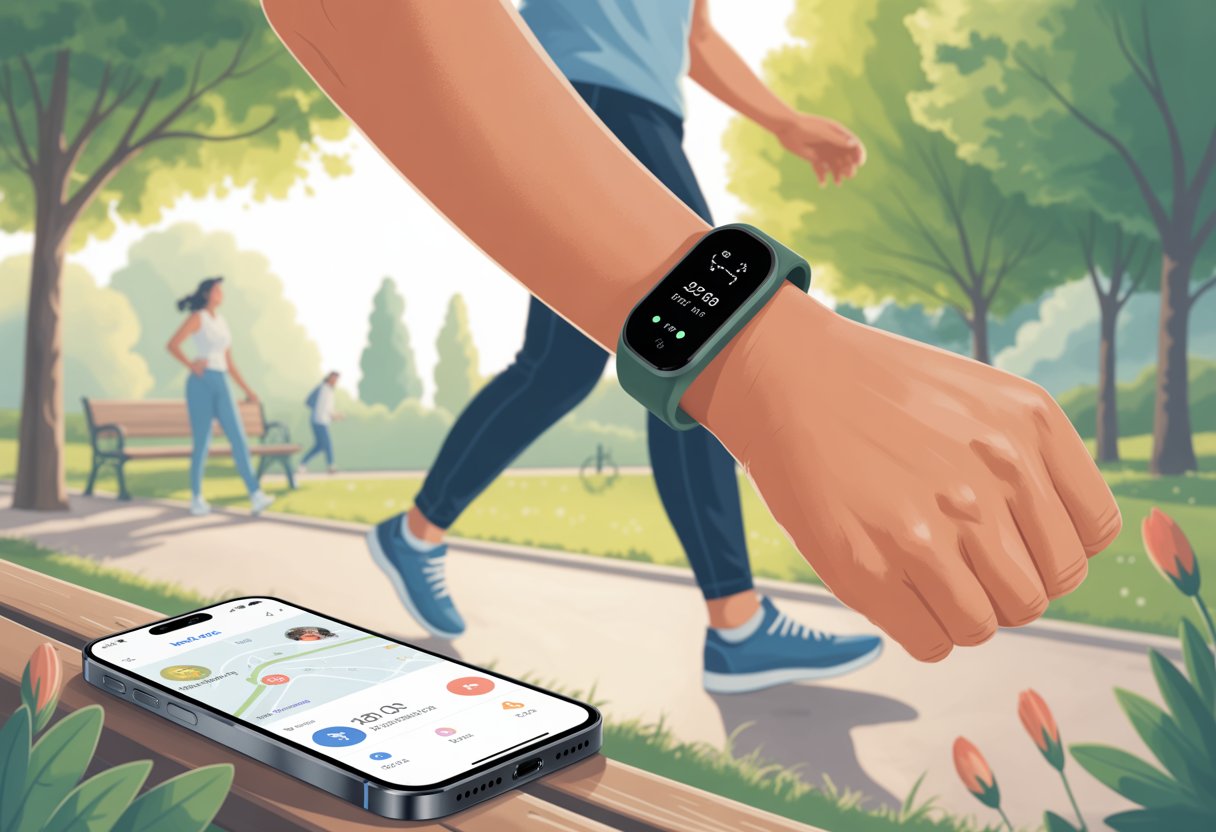 A person walking on a park path wearing a fitness tracker on their wrist, with a smartphone showing walking stats nearby.