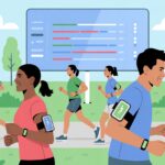 How to use a fitness tracker for step challenges: Outsmart Your Couch One Step at a Time A group of diverse people walking and jogging outdoors wearing fitness trackers, with a digital leaderboard showing progress in the background.
