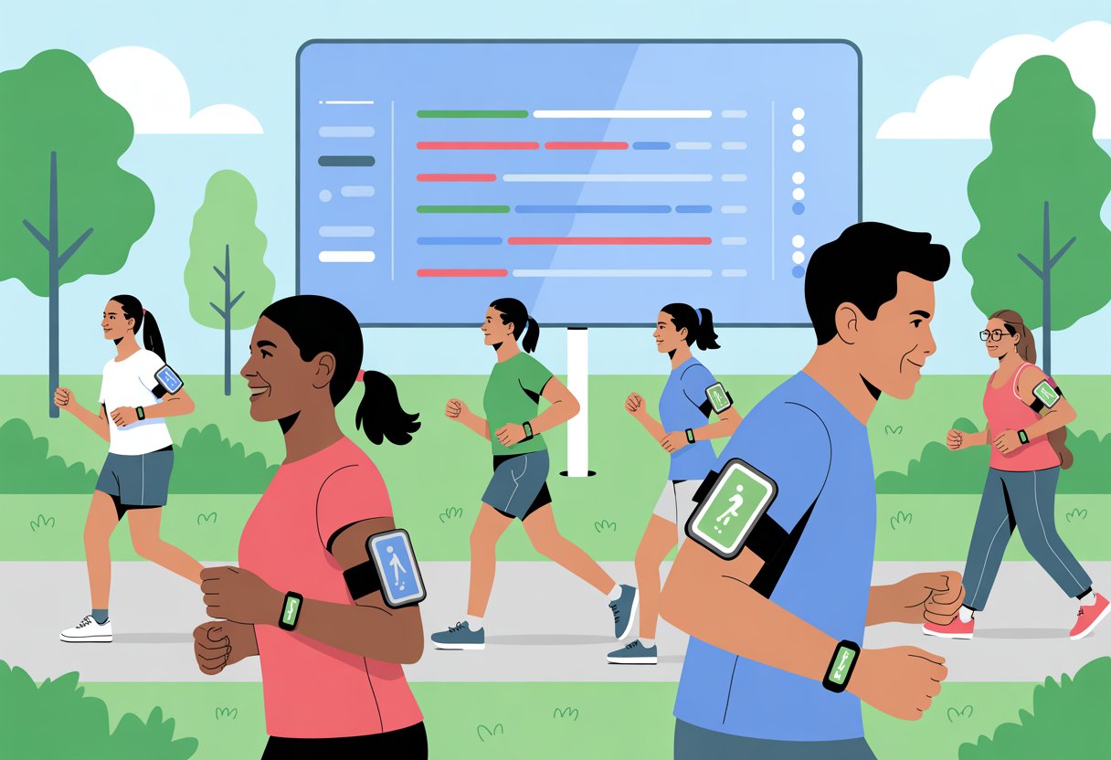 A group of diverse people walking and jogging outdoors wearing fitness trackers, with a digital leaderboard showing progress in the background.