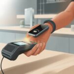 A person wearing a fitness tracker holds their wrist near a contactless payment terminal to make a digital payment.