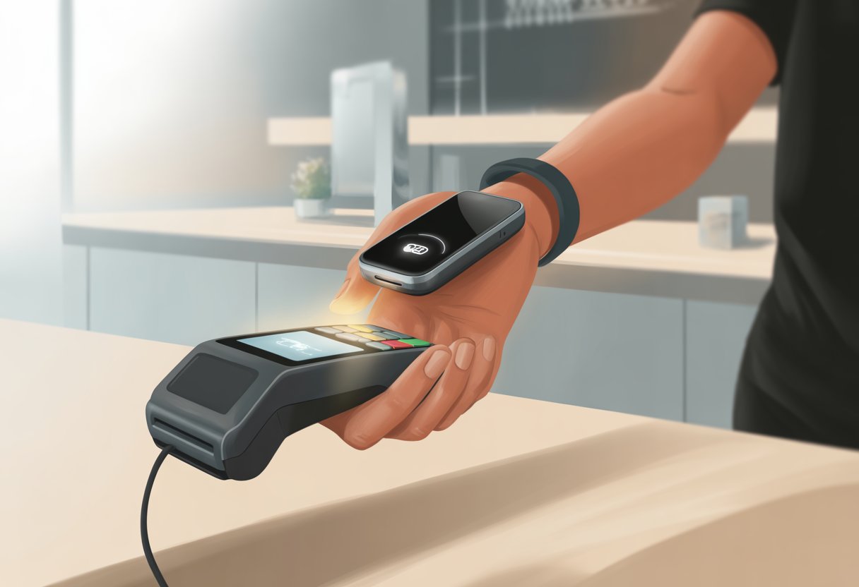 A person wearing a fitness tracker holds their wrist near a contactless payment terminal to make a digital payment.