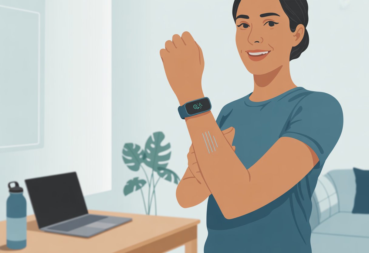A person wearing a fitness tracker on their wrist stands up from a desk after receiving an activity reminder.