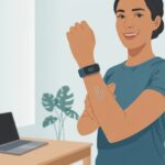 A person wearing a fitness tracker on their wrist stands up from a desk after receiving an activity reminder.
