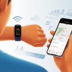 A person wearing a fitness tracker on their wrist with a smartphone nearby showing a running route and workout data.