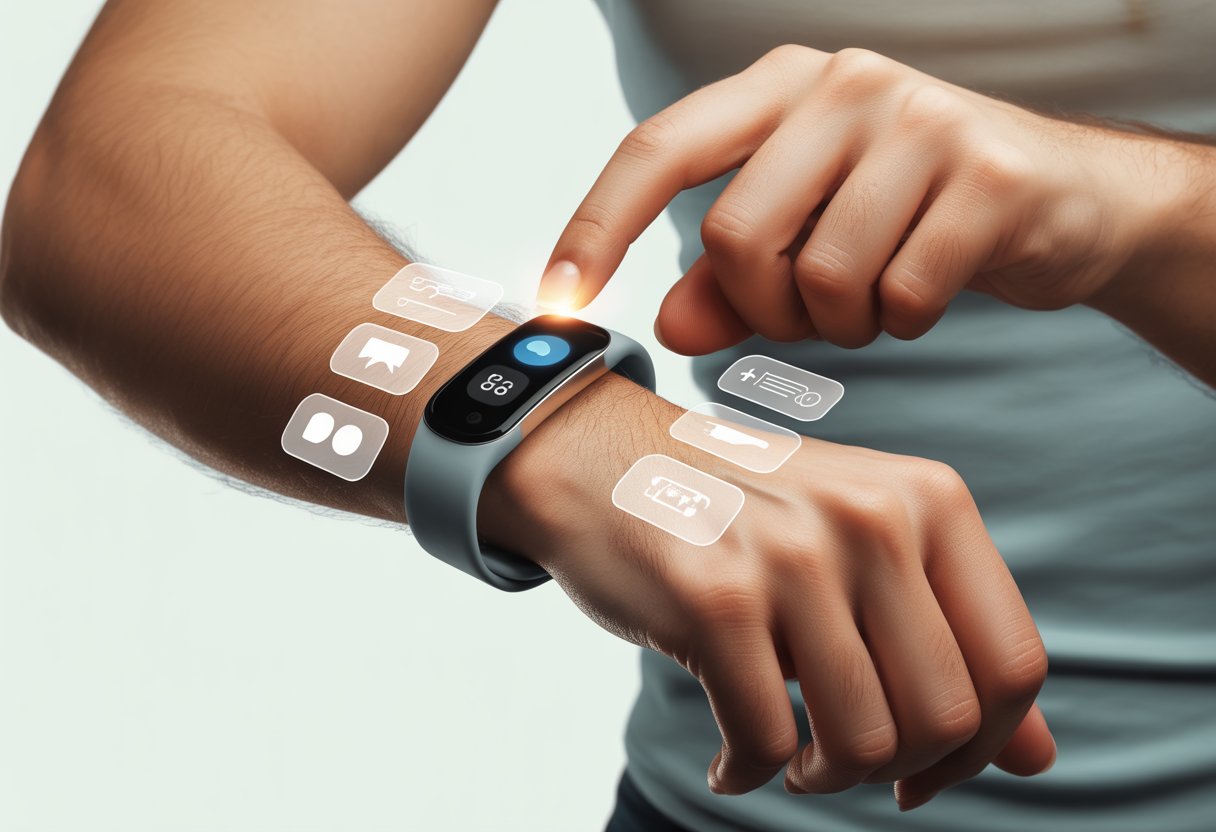 A person wearing a fitness tracker on their wrist is tapping the device, which shows a blank screen with no notifications.