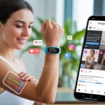 How to use a fitness tracker for Instagram: Turning Sweat into Selfies A young woman looking at her fitness tracker on her wrist with a smartphone nearby showing a social media feed.
