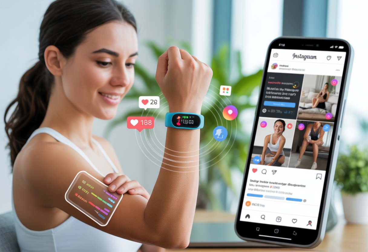 A young woman looking at her fitness tracker on her wrist with a smartphone nearby showing a social media feed.