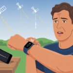 Why is My Fitness Tracker Not Connecting to GPS? Your Wristband Might Be on Strike A person outdoors looking at their fitness tracker with a puzzled expression, GPS satellites in the sky showing weak signals.