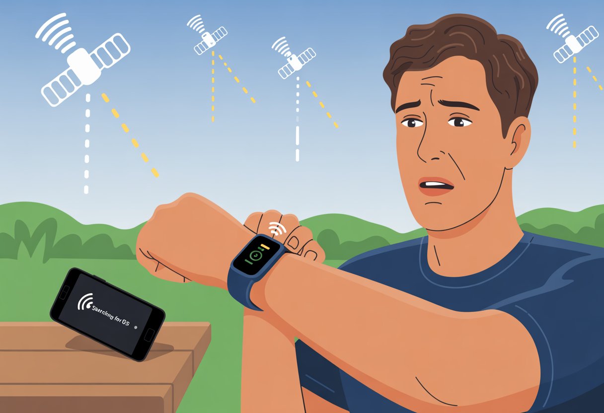 A person outdoors looking at their fitness tracker with a puzzled expression, GPS satellites in the sky showing weak signals.