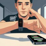 Why is my fitness tracker not receiving texts? Maybe It’s Too Busy Counting Steps! A person looking at a fitness tracker on their wrist with a puzzled expression, while a smartphone nearby shows incoming text notifications.