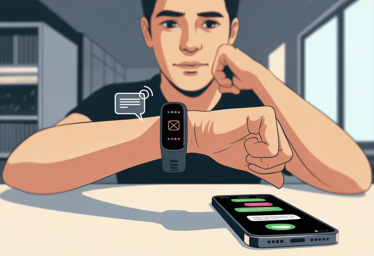 A person looking at a fitness tracker on their wrist with a puzzled expression, while a smartphone nearby shows incoming text notifications.