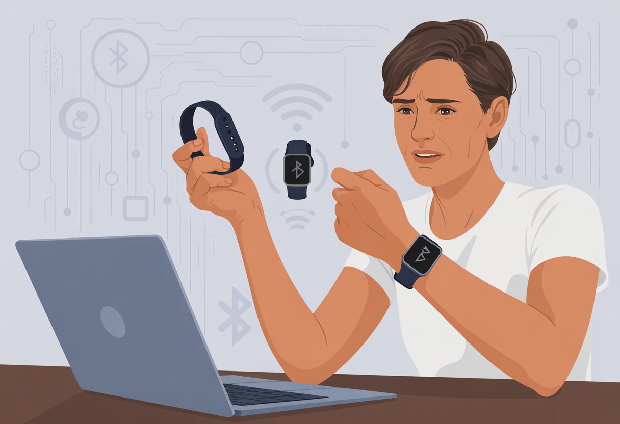 A person sitting at a desk, holding a fitness tracker and a smartwatch, looking puzzled while a laptop shows a connection error symbol.