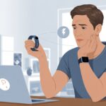 Why is my fitness tracker not syncing with Apple Watch? Blame Technology, Not Your Sweat A person looking puzzled while holding a fitness tracker and wearing an Apple Watch, sitting at a desk with a laptop showing a syncing error.