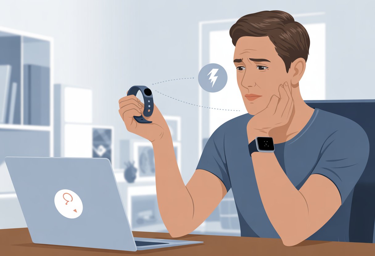 A person looking puzzled while holding a fitness tracker and wearing an Apple Watch, sitting at a desk with a laptop showing a syncing error.