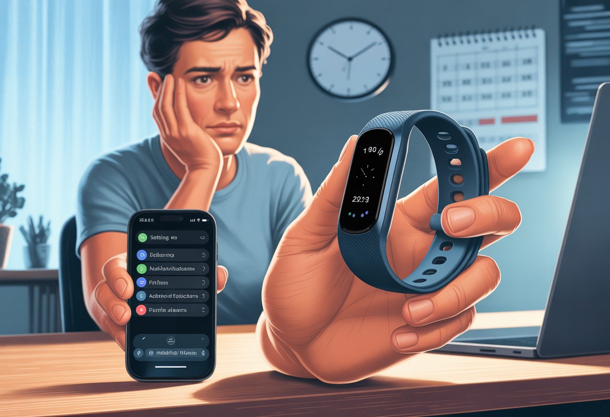 A person sitting at a desk looking puzzled while holding a fitness tracker, with a smartphone showing alarm settings nearby.