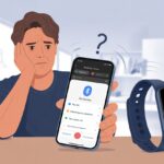 Why is my fitness tracker not showing up in Bluetooth devices? Your Sneaky Step Counter Is Playing Hide and Seek A person looking at a smartphone with a fitness tracker nearby, showing no Bluetooth devices detected on the phone.