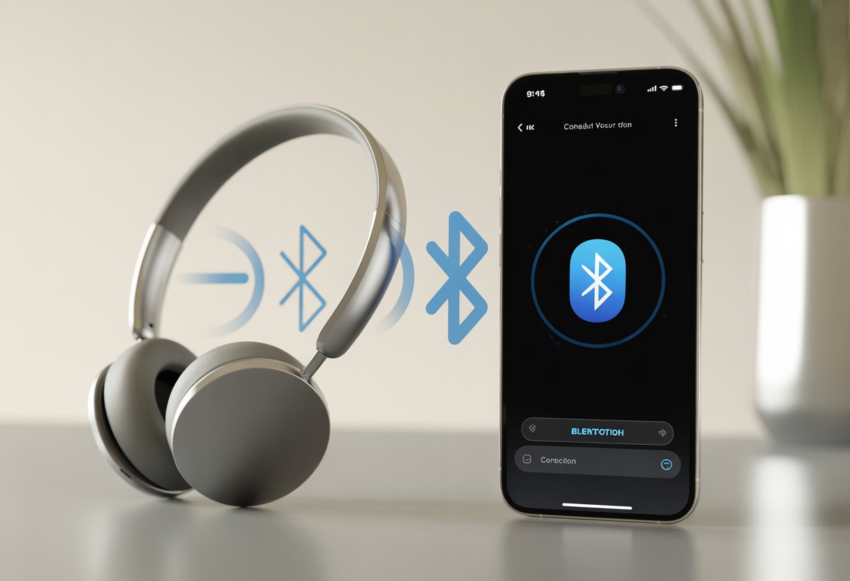 An iPhone and Bluetooth headphones on a desk with fading wireless signals between them indicating a failed connection.