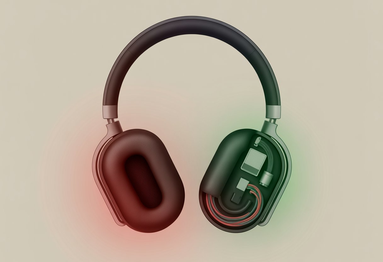 A pair of Bluetooth headphones with the left earcup highlighted to show a problem, accompanied by a translucent schematic revealing a broken wire inside the left earcup.