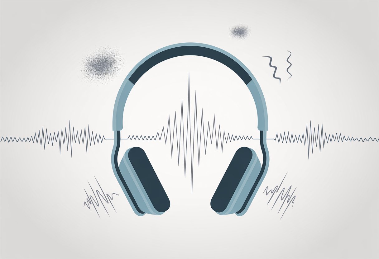Close-up of Bluetooth headphones emitting thin, jagged sound waves with subtle visual cues indicating distorted or poor audio quality.