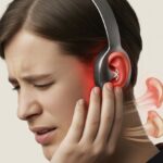 A person wearing Bluetooth headphones touching their ear with a pained expression, showing discomfort from the headphones.