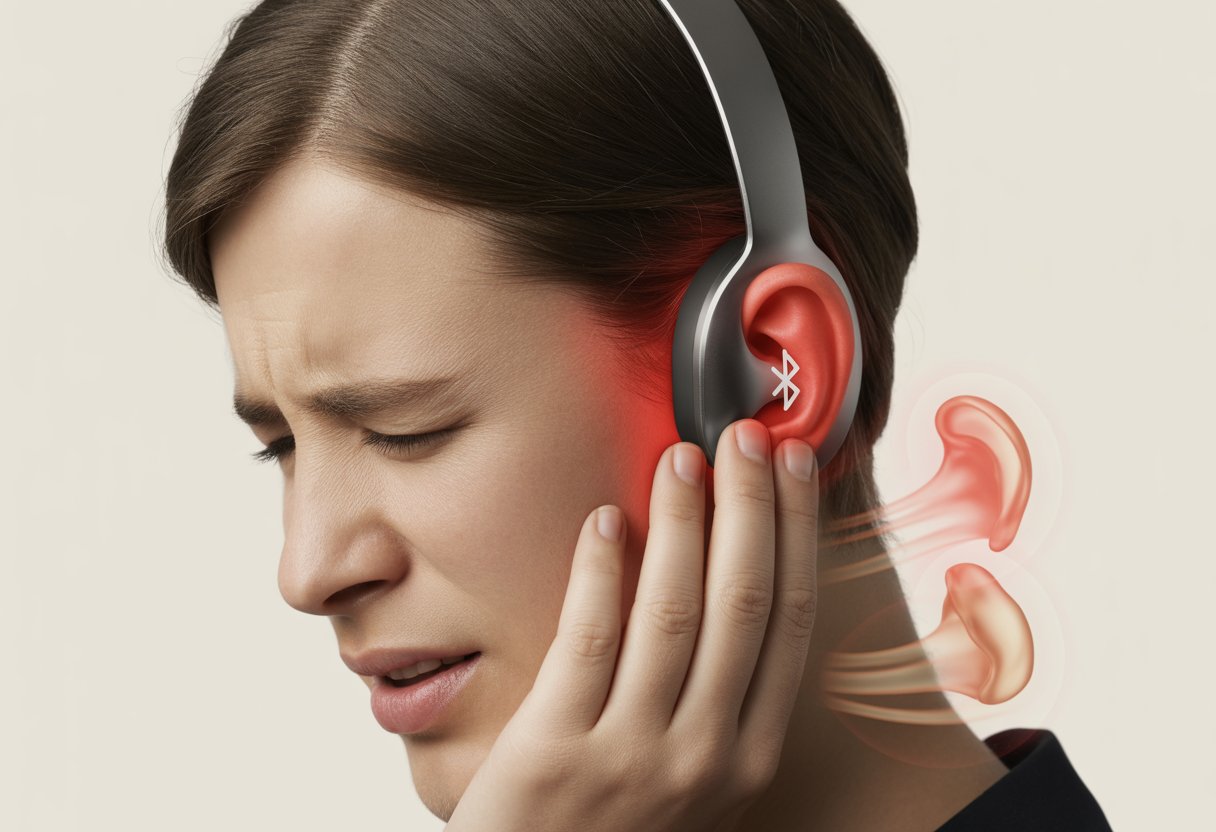 A person wearing Bluetooth headphones touching their ear with a pained expression, showing discomfort from the headphones.