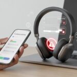 Bluetooth Headphones Error Code 007 Troubleshooting: License to Fix, Not to Annoy Bluetooth headphones with a red warning icon, a hand holding a smartphone showing troubleshooting visuals, and digital interface elements indicating a connection problem.