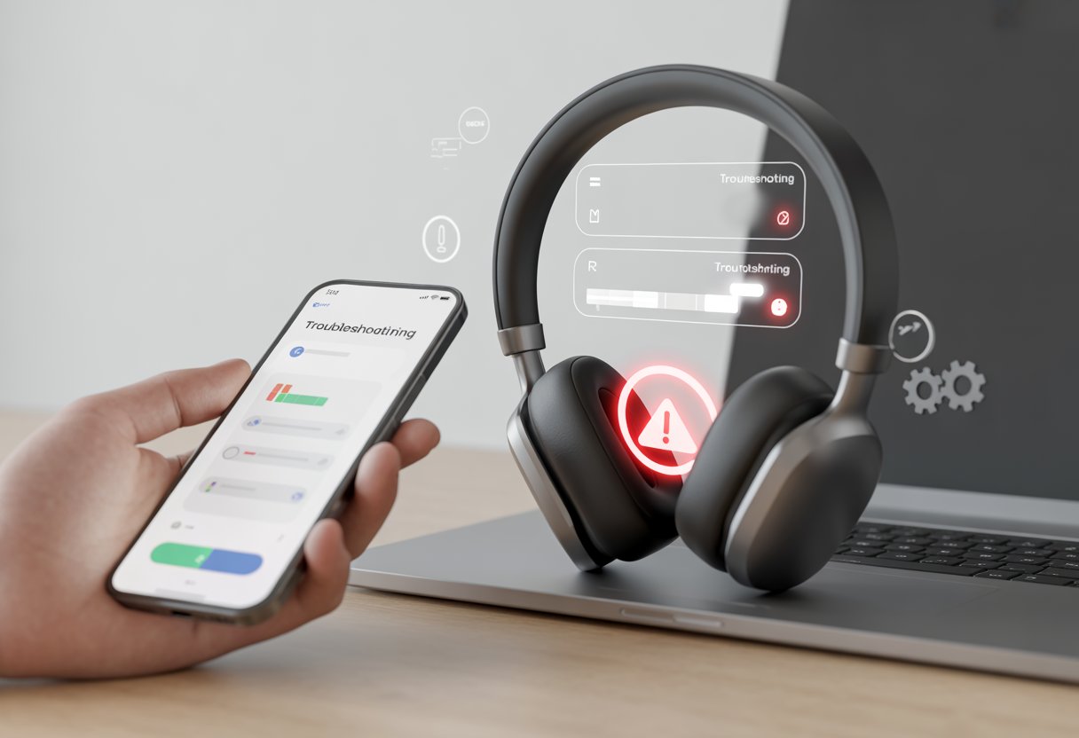 Bluetooth headphones with a red warning icon, a hand holding a smartphone showing troubleshooting visuals, and digital interface elements indicating a connection problem.