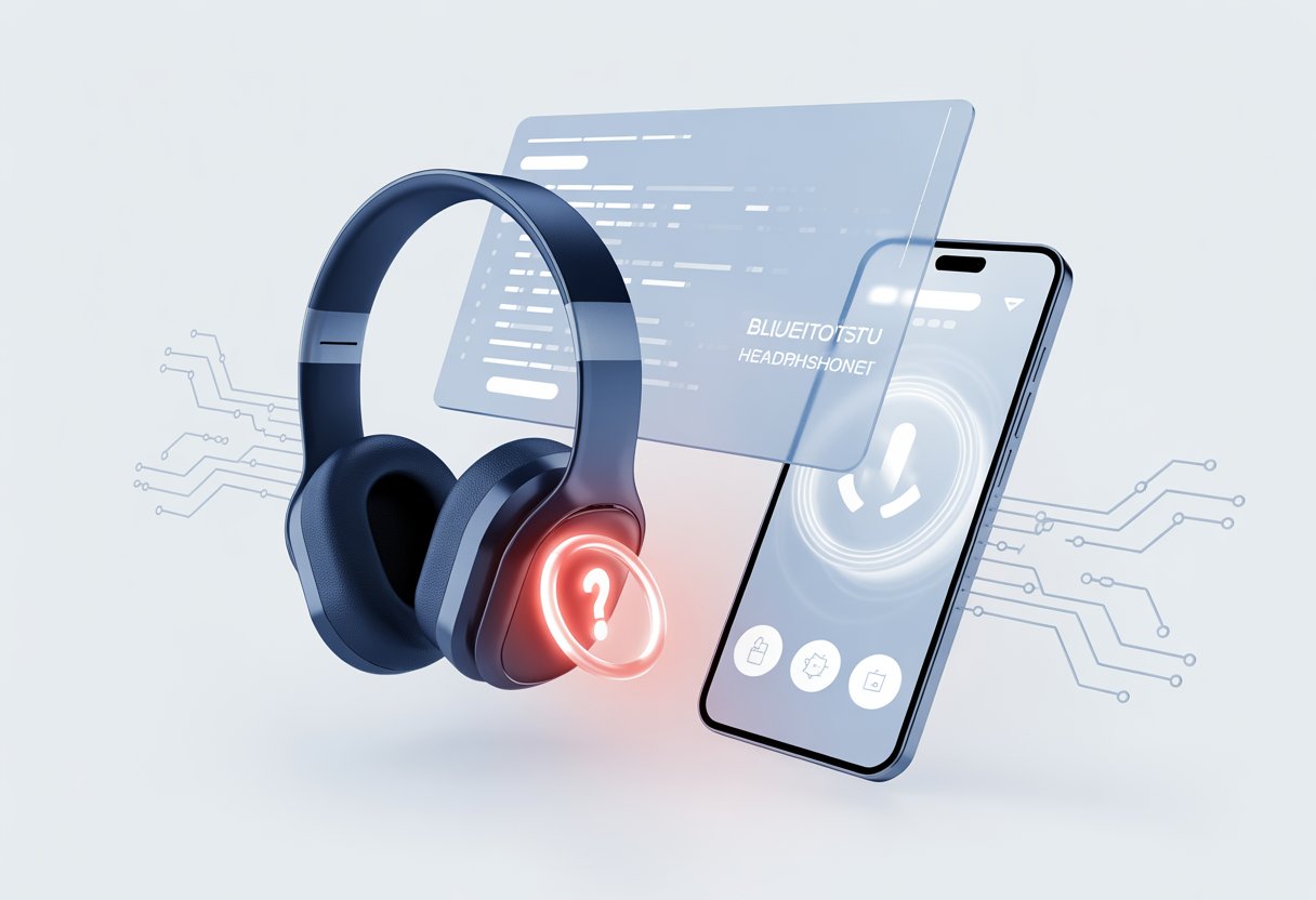 A pair of Bluetooth headphones with a red warning icon and a nearby device showing troubleshooting symbols in a clean tech environment.