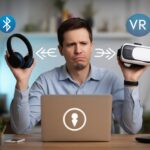 A person holding Bluetooth headphones and a VR headset looking confused at a laptop showing a connectivity error.