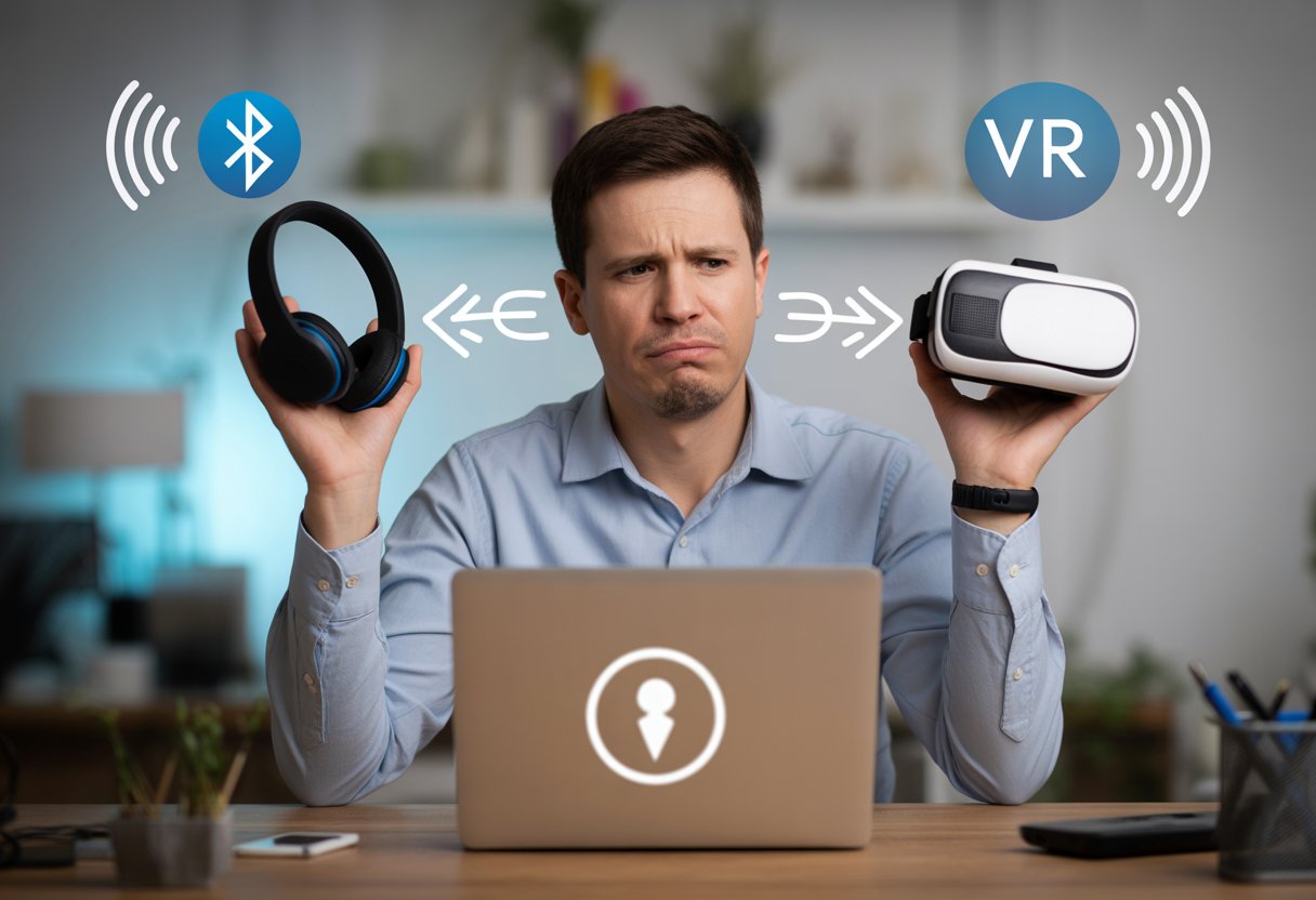 A person holding Bluetooth headphones and a VR headset looking confused at a laptop showing a connectivity error.