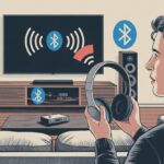 Why do my Bluetooth headphones not work with my home theater? A Comedy of Connection Errors A person holding Bluetooth headphones looks confused in front of a home theater setup with a large TV and speakers, indicating a connection problem.